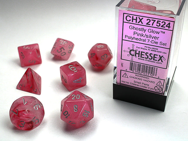 Chessex Dice Set: Ghostly Glow - Pink w/Silver (7)