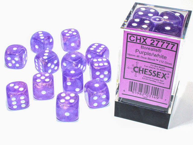 Chessex 16mm d6 Set: Borealis Luminary - Royal Purple/White (12)