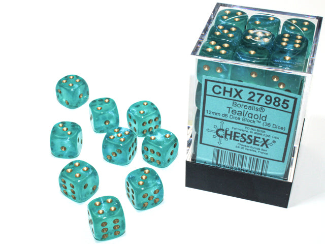 Chessex 12mm d6 Set: Borealis Luminary Teal/Gold (36)