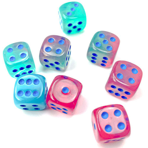 Chessex 12mm d6 Set: Gemini Luminary - Gel Green-Pink w/Blue (36)
