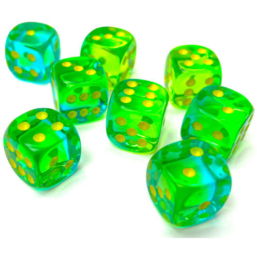Chessex 12mm d6 Set: Gemini Translucent - Green-Teal w/Yellow (36)