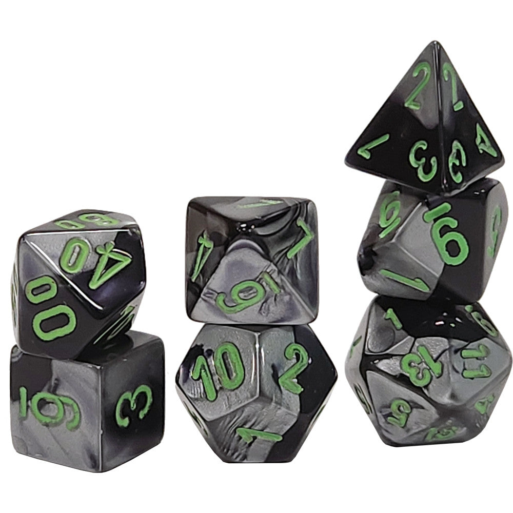 Chessex Mini Dice Set: Gemini - Black-Grey w/Green (7)