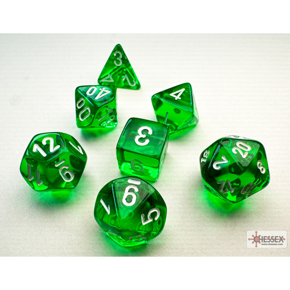 10mm Polyhedral Dice: Translucent - Green w/ White (7)