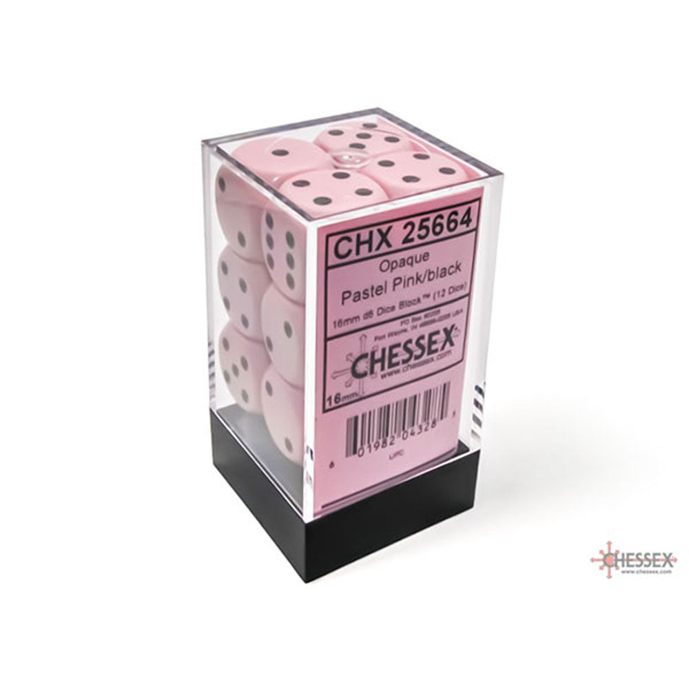 Chessex 16mm d6 Set: Opaque - Pastel Pink/Black (12)