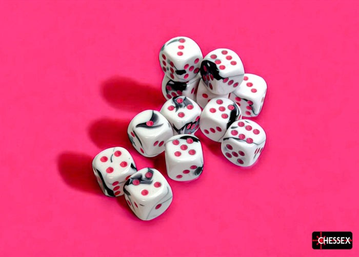 Chessex 16mm d6 Set: Gemini - Black-White w/Pink (12)