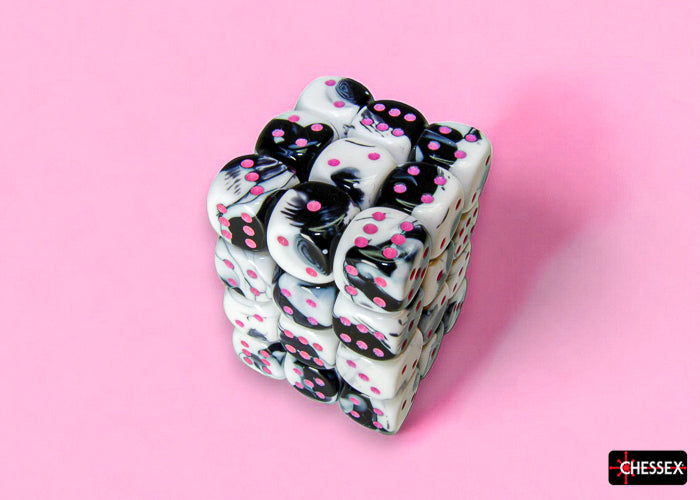 Chessex 12mm d6 Set: Gemini - Black-White w/Pink (36)