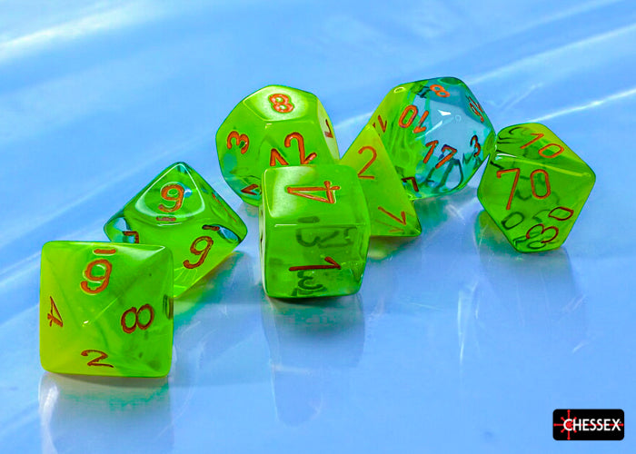 Chessex Dice Set: Gemini Luminary - Plasma Green-Teal w/Orange (7)