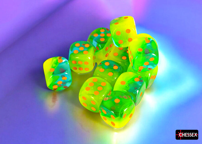 Chessex 16mm d6 Set: Gemini Luminary - Plasma Green-Teal w/Orange (12)
