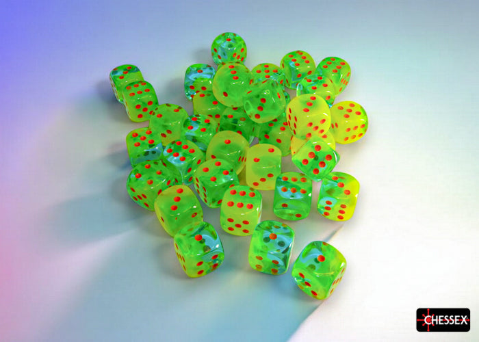 Chessex 12mm d6 Set: Gemini Luminary - Plasma Green-Teal w/Orange (36)