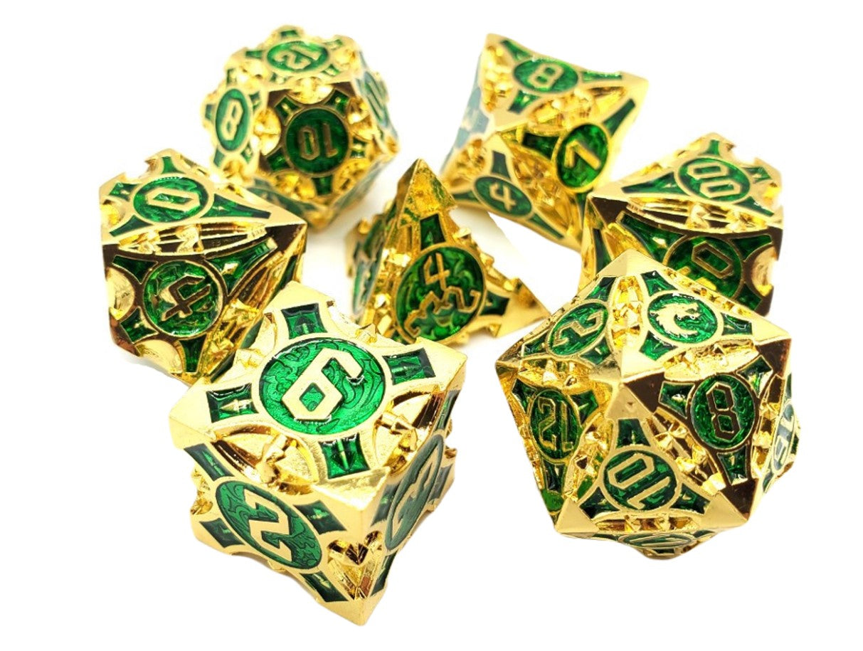 Old School Metal Dice Set: Gnome Forged - Gold w/ Green (7)