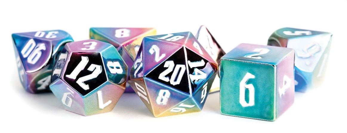 Metallic Dice Games Aluminum Plated Dice Set: Rainbow Aegis w/ White (7)