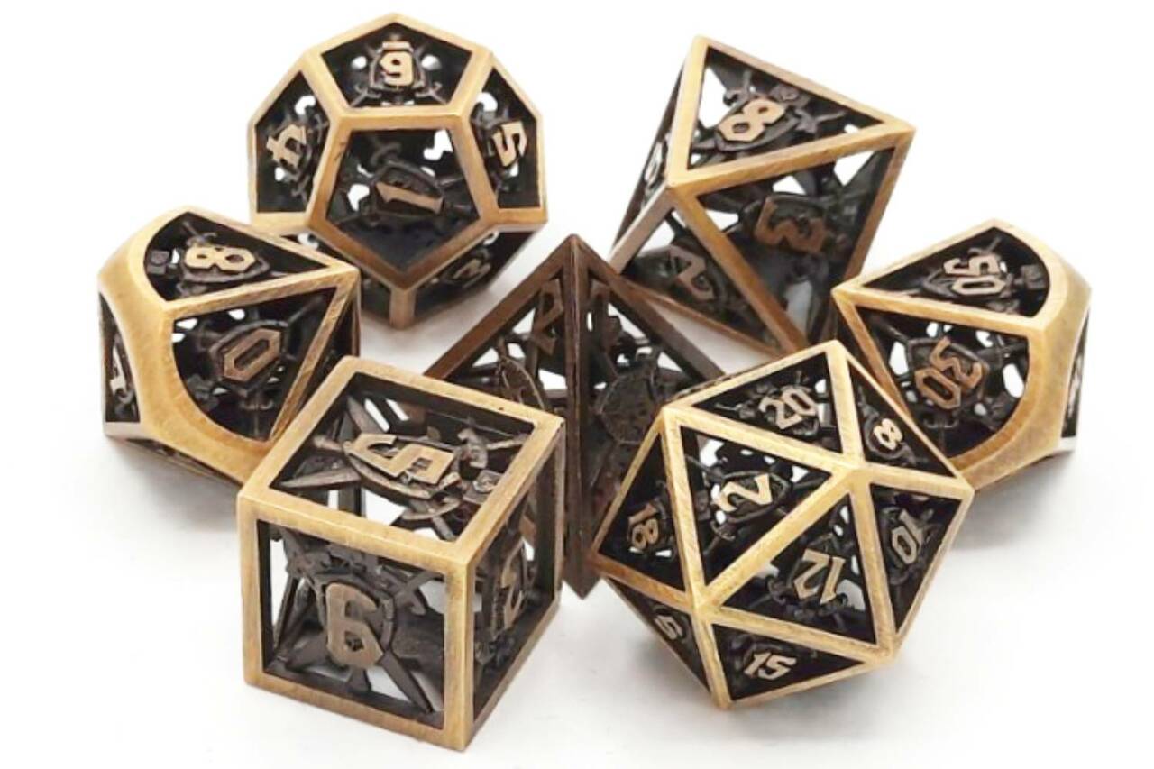 Old School Metal Hollow Dice Set: Sword & Shield - Brushed Gold (7)
