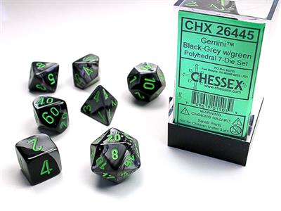 Chessex Dice Set: Gemini Black-Grey/Green Set (7)