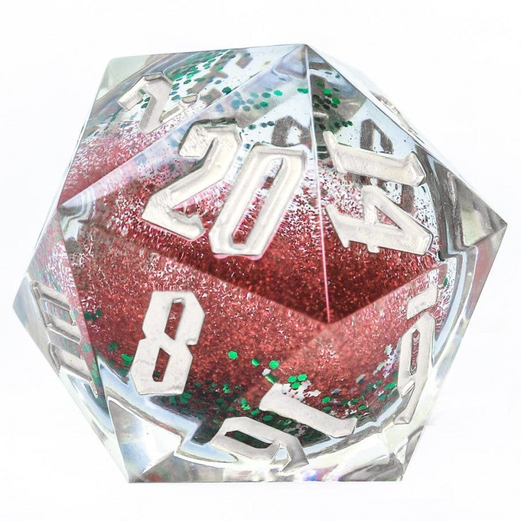 Snow Globe: 54mm D20 - Silver Ink, Red & Green Glitter, Silver Snowflakes