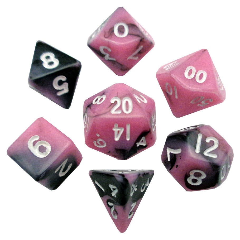 Metallic Dice Games Mini Dice Set: Pink-Black w/White (7)