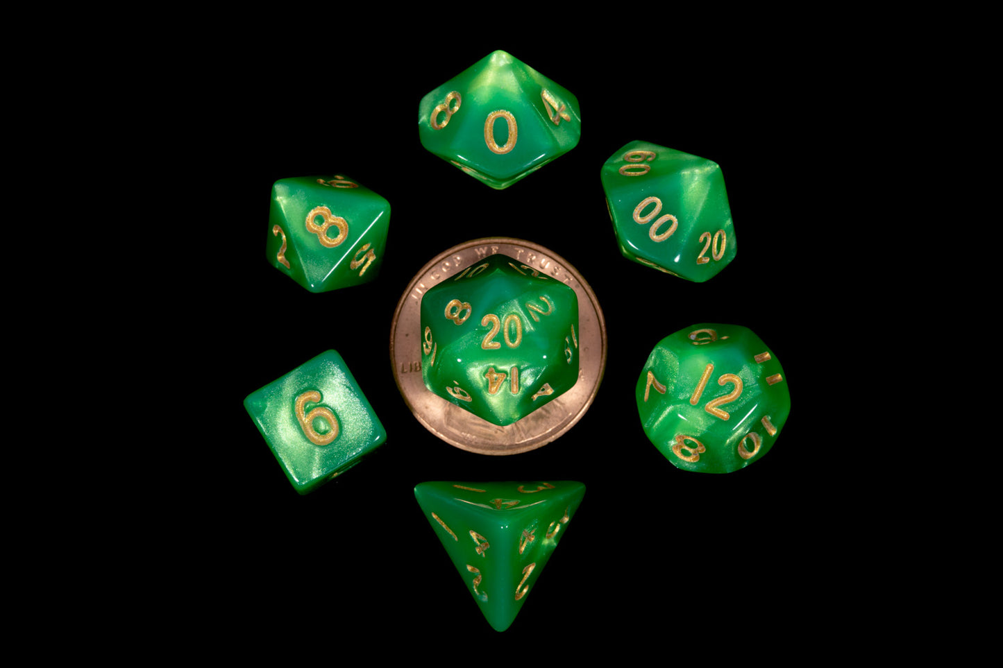 Metallic Dice Games Mini Dice Set: Green/Gold (7)