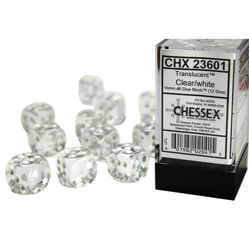 Translucent: 16mm d6 Clear/White (12 dice)