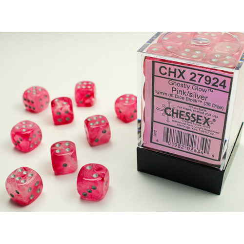 Chessex 12mm d6 Set: Ghostly Glow - Pink w/ Silver (36)