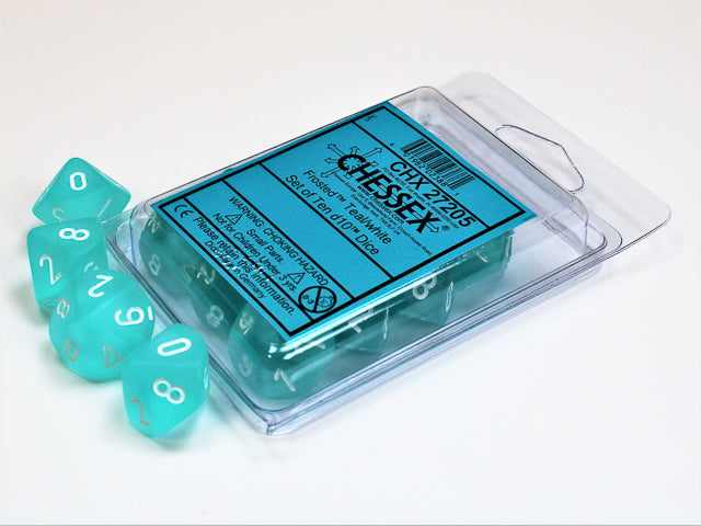 Chessex d10 Set: Frosted Teal w/White (10)