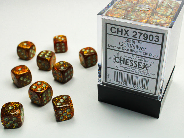 Chessex 12mm d6 Set: Glitter - Gold/Silver (36)