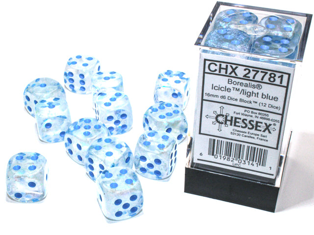 Chessex 16mm d6 Set: Borealis Luminary - Icicle/Light Blue (12)