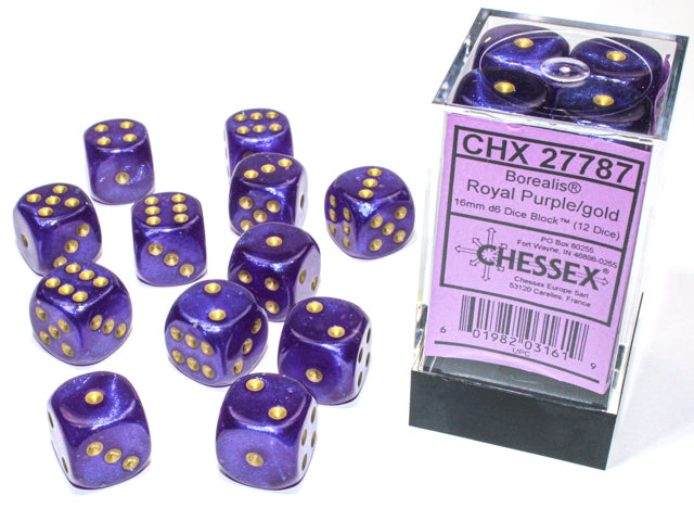 Chessex 16mm d6 Set: Borealis Luminary - Royal Purple/Gold (12)