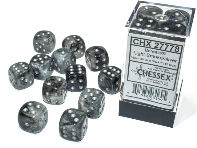 Chessex 16mm d6 Set: Borealis Luminary - Smoke/Silver (12)