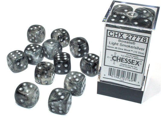 Chessex 16mm d6 Set: Borealis Luminary - Smoke/Silver (12)