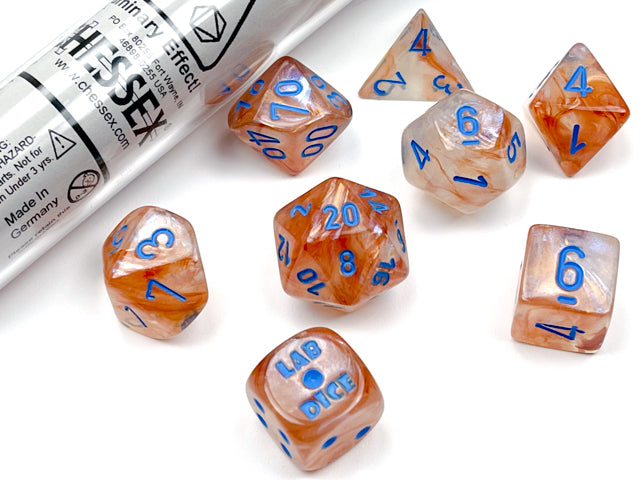 Chessex Lab Series 5 Dice Set: Borealis Rose Gold w/Light Blue (7)