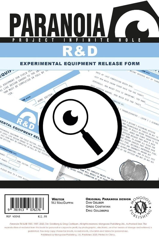 Paranoia RPG: Experimental Equipment Release form Pad