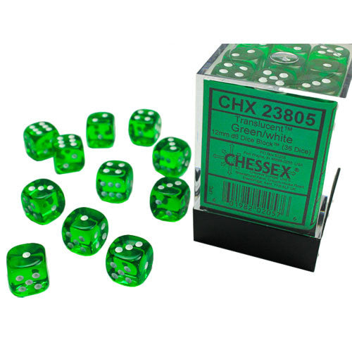 Chessex 12mm d6 Set: Translucent - Green w/White (36)
