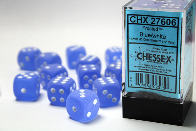 Frosted 16mm d6 Blue/White (12 dice)