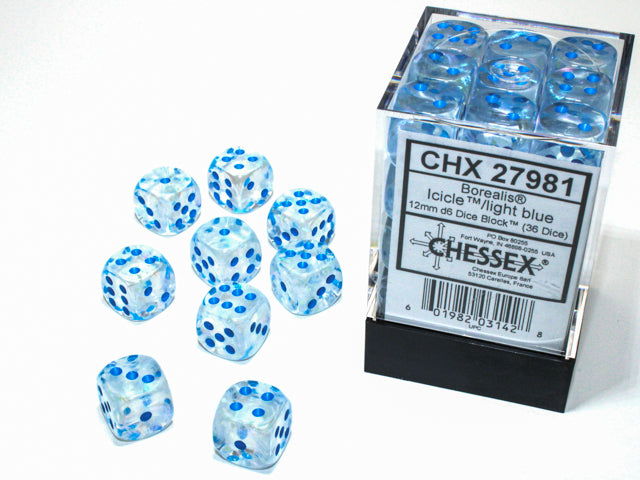 Borealis: Luminary 12mm d6 Icicle/Light Blue (36 dice)