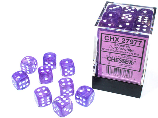 Borealis: Luminary 12mm d6 Purple/White (36 dice)