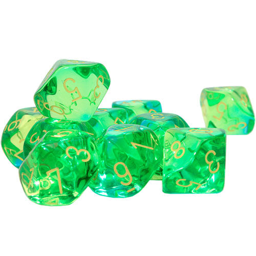 Gemini Translucent: d10s Green-Teal w/Yellow (10 dice)