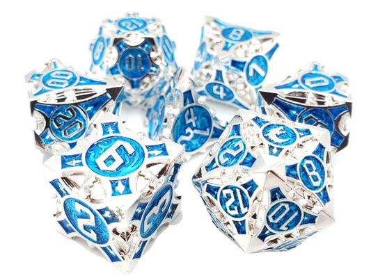 Old School Metal Dice Set: Gnome Forged - Silver w/ Blue