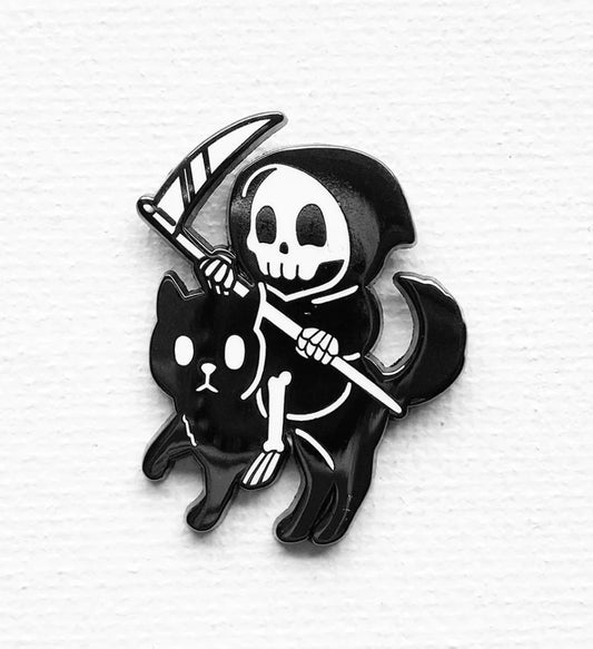Enamel Pin: Strike Gently - Reaper Cat (Black & White)